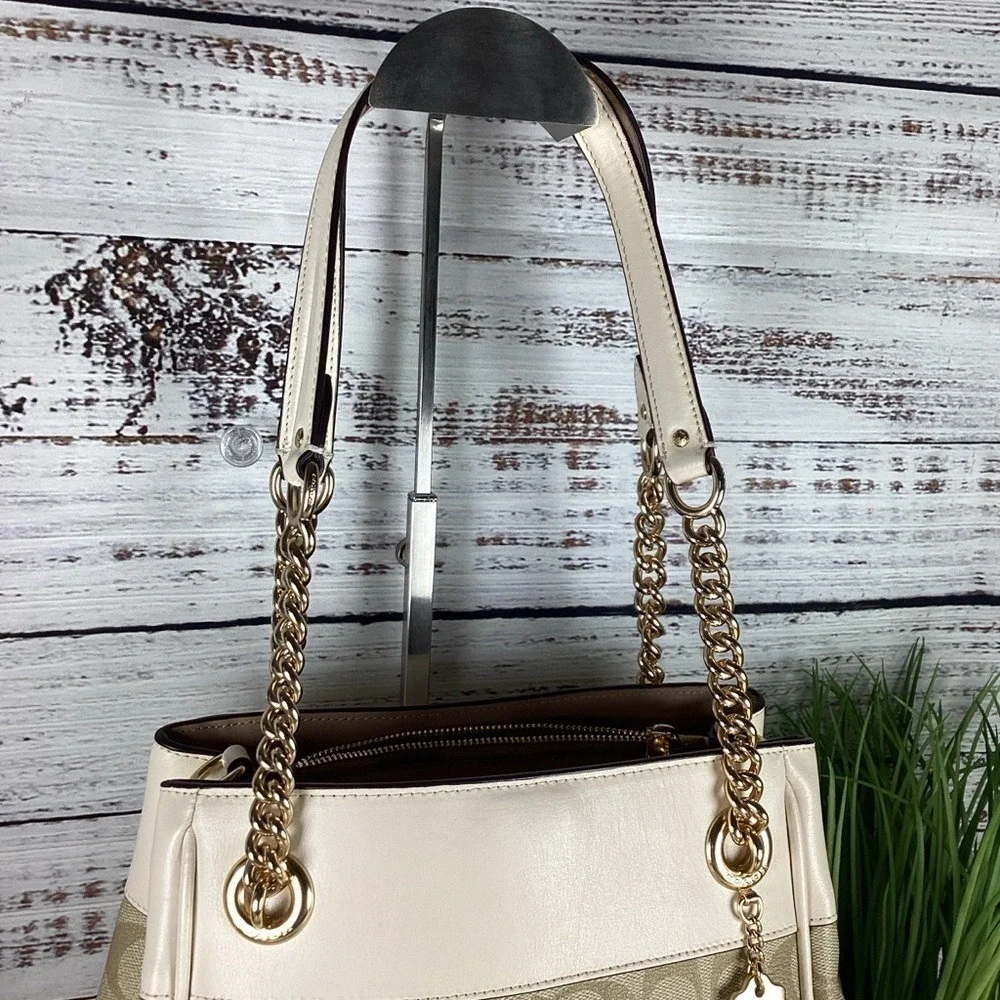 Coach Cammie Chain Bucket Signature‎ Khaki Chalk Shoulder Bag Wallet Set Purse - Picture 6 of 15